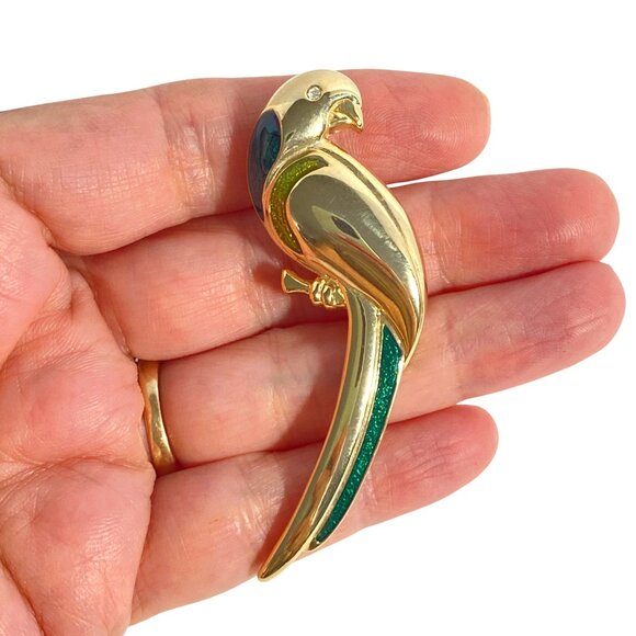 Liz Claiborne Parrot Bird Rhinestone Eye Green Enamel Gold Tone Brooch Pin 2.5in - Picture 2 of 8